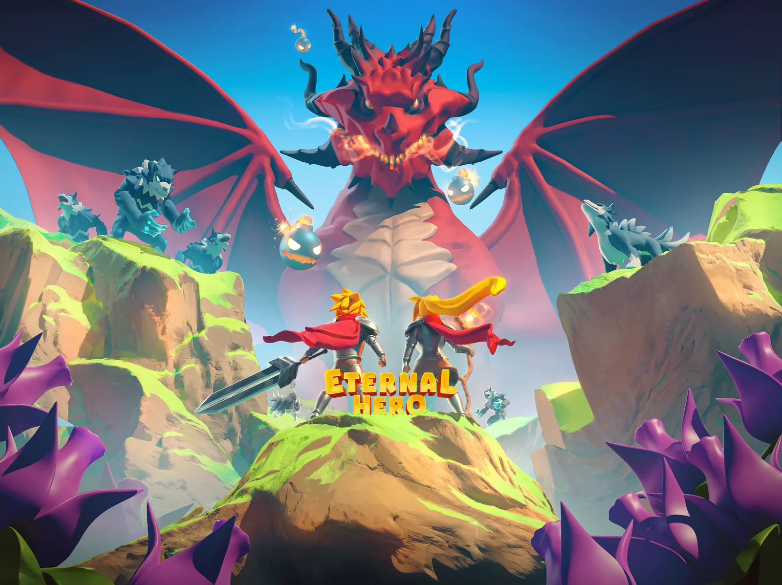 Two heroes face a towering red dragon in the world of Eternal Hero