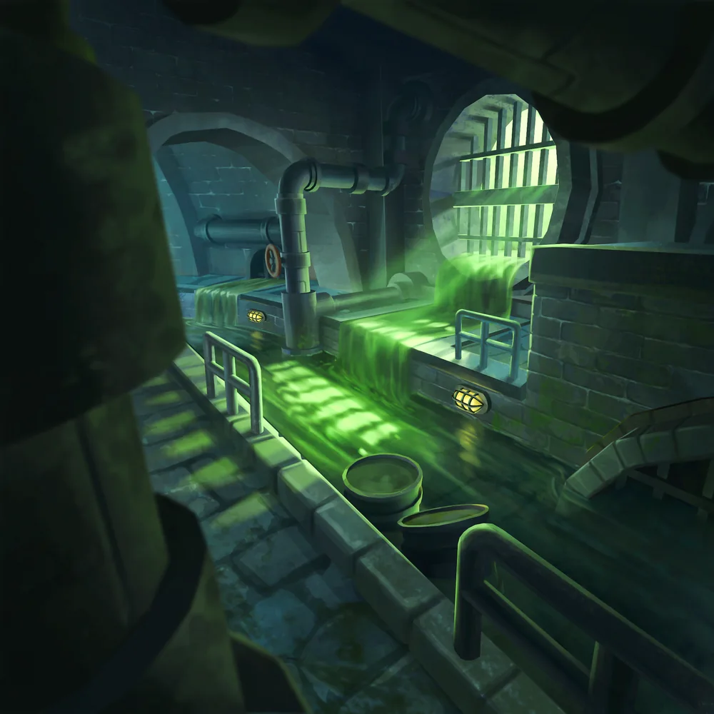 Green light spilling through the gates of an underground waterway