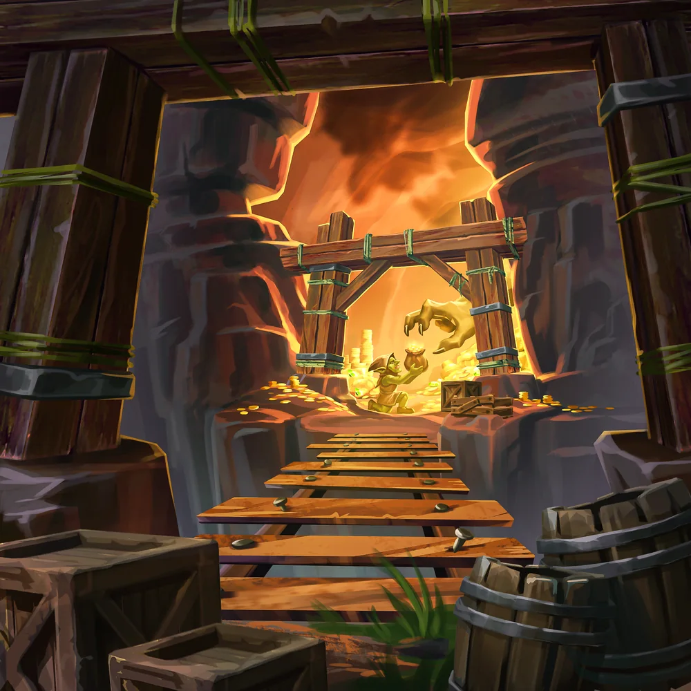 An abandoned mine leading to a vault glowing with fire