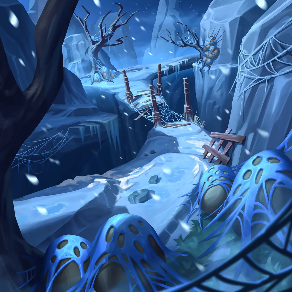 A narrow wooden bridge crossing a deep blue frozen chasm