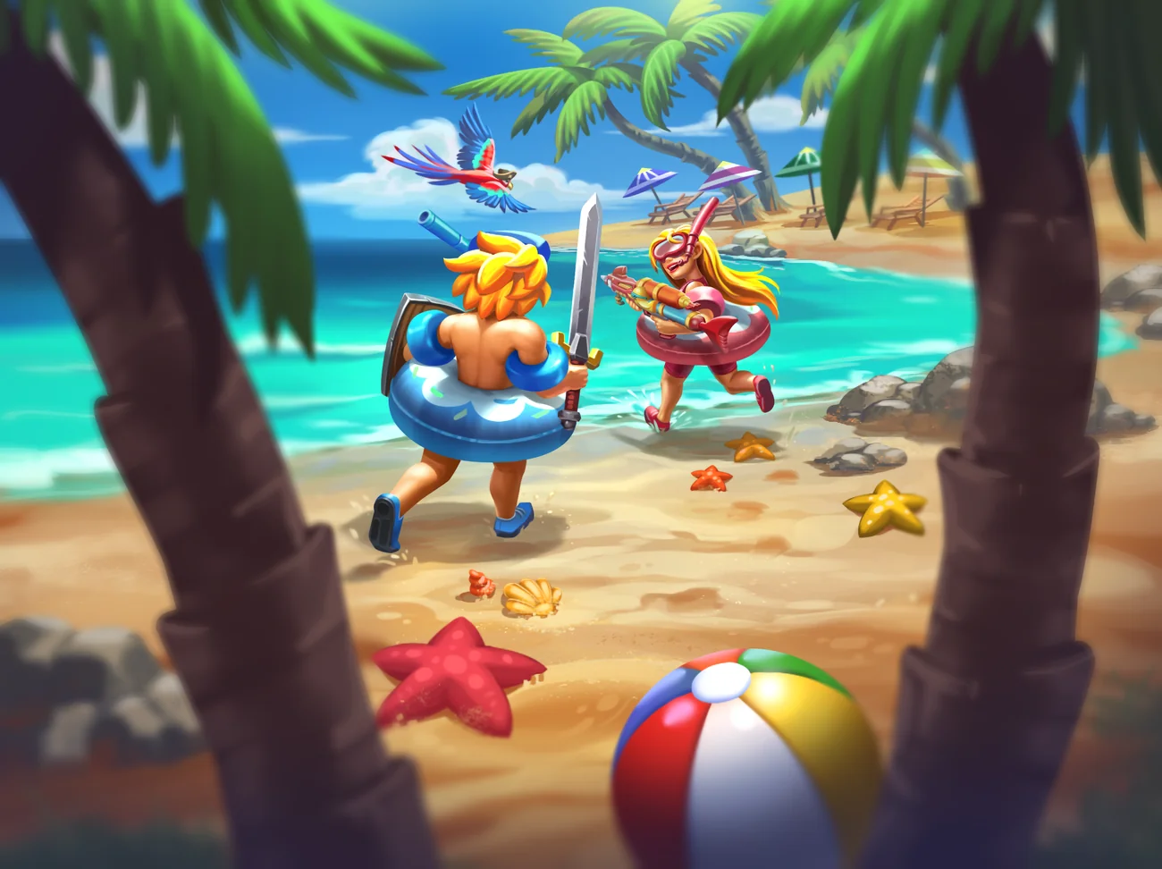 Eternal Hero adventurers enjoying a sunny island beach