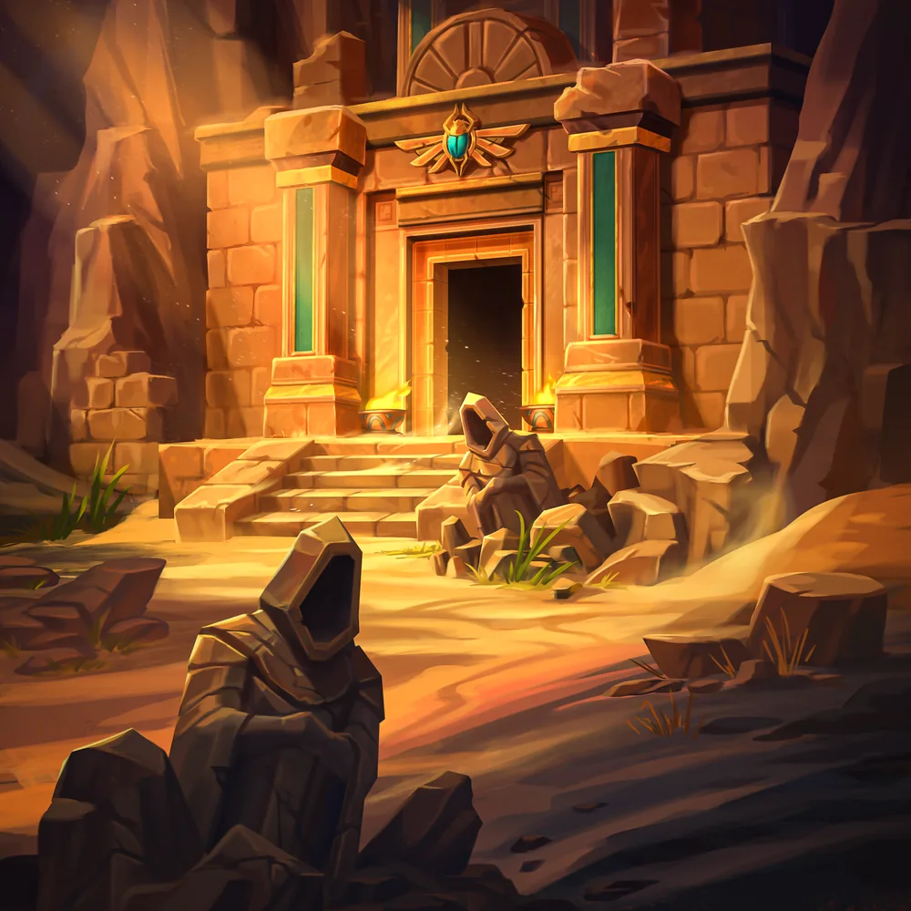 A sunlit entrance to an ancient sandstone tomb